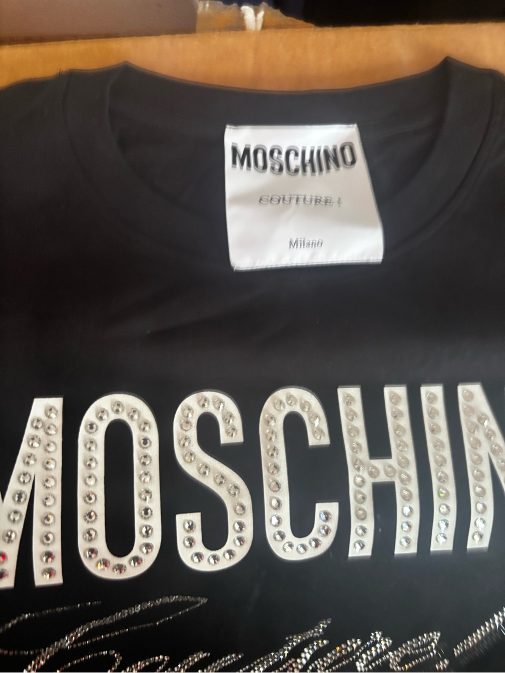 Moschino Black Tee with Silver Rhinestone Logo